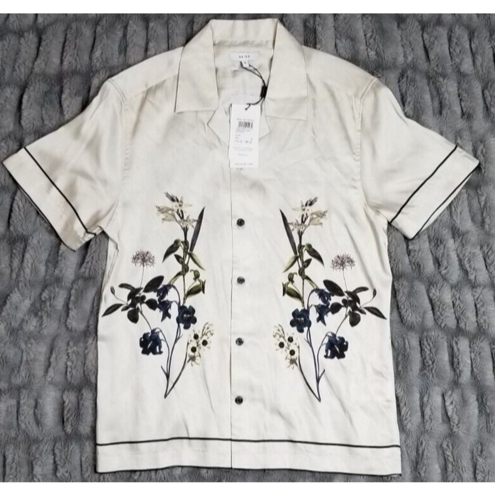 NEW Reiss Mens Dress Shirt Medium Button Down Flower Print Fierro Cuban Collar